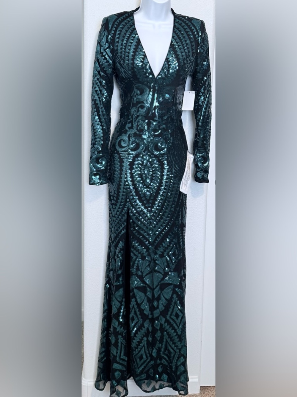 Dress the Population Black and Teal Sequin Long Sleeve Gown